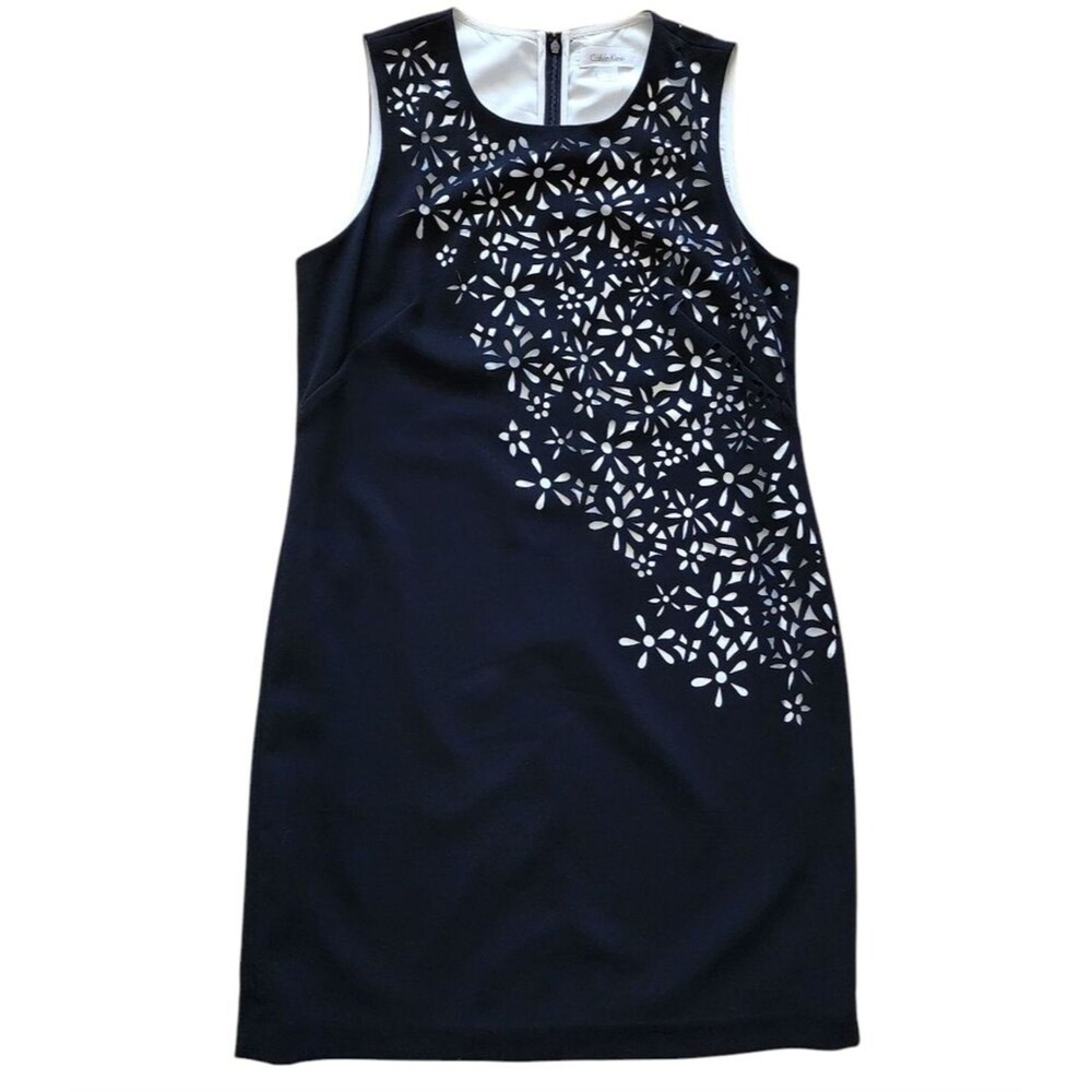 Calvin Klein Black White Asymmetrical Floral Cutout Sleeveless Dress Sz 6 Office